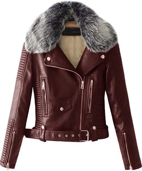 Women's Faux Fur Quilted Brown Moto Jacket (1)