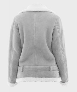 Women’s Belted Asymmetrical Shearling Grey Suede Leather Jacket