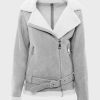 Women’s Belted Asymmetrical Shearling Grey Suede Leather Jacket