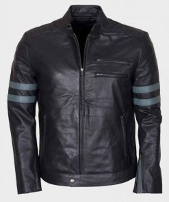 Mens Blue Stripe Mayhem Retro Black Leather Biker Jacket