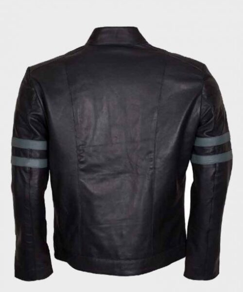 Mens Blue Stripe Mayhem Retro Black Leather Biker Jacket