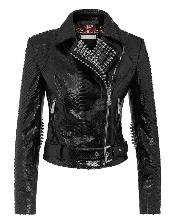 Women Philipp Plein Quilted Black Lambskin Genuine Leather Bomber Jacket