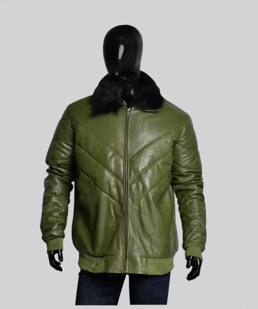 Mens V Bomber Lambskin Green Jacket