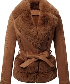 Women Brown Leather Fur Collar Jacket