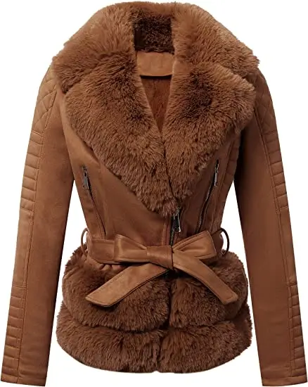 Women Brown Leather Fur Collar Jacket