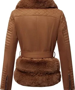 Women Brown Leather Fur Collar Jacket