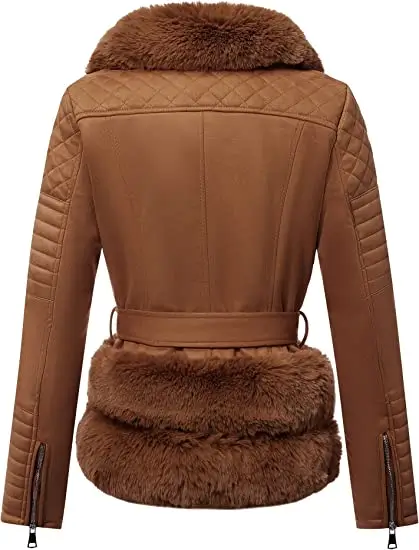 Women Brown Leather Fur Collar Jacket