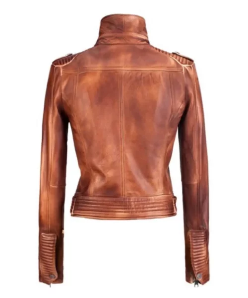 Women Vintage Style Biker Streetwear Tan Distressed Leather Jacket