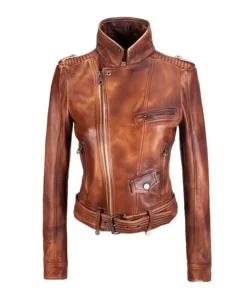 Women Vintage Style Biker Streetwear Tan Distressed Leather Jacket