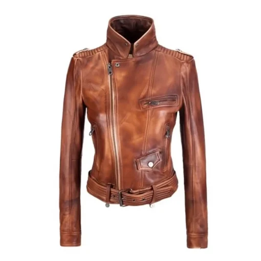 Women Vintage Style Biker Streetwear Tan Distressed Leather Jacket