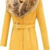 Women's Yellow Leather Pea Coat