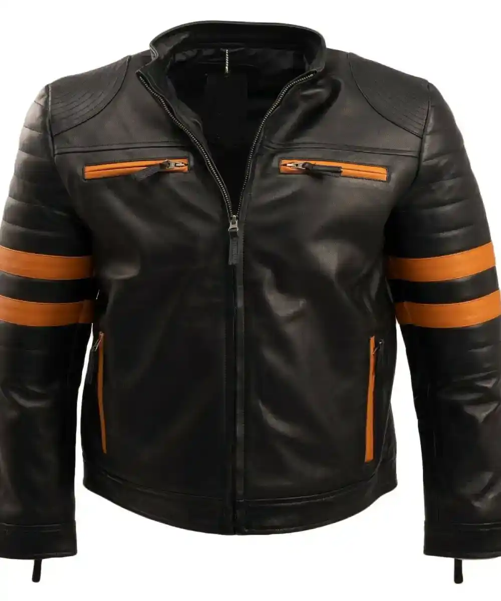 Mens Cafe Racer Striped Leather Jacket | Men's Striped Leather Jacket