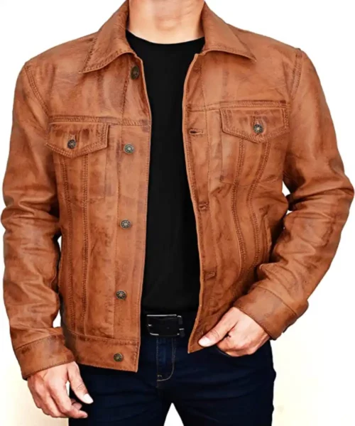 Mens Tan Biker Leather Jacket