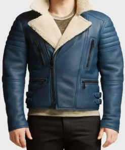 Men Blue Shearling Leather Jacket