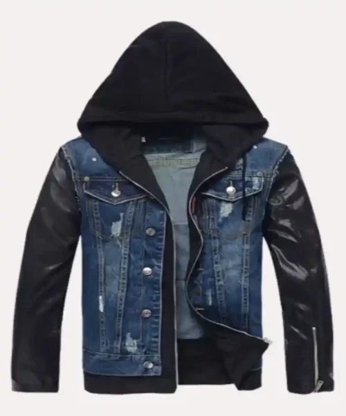 Mens Denim Leather Hooded Jacket