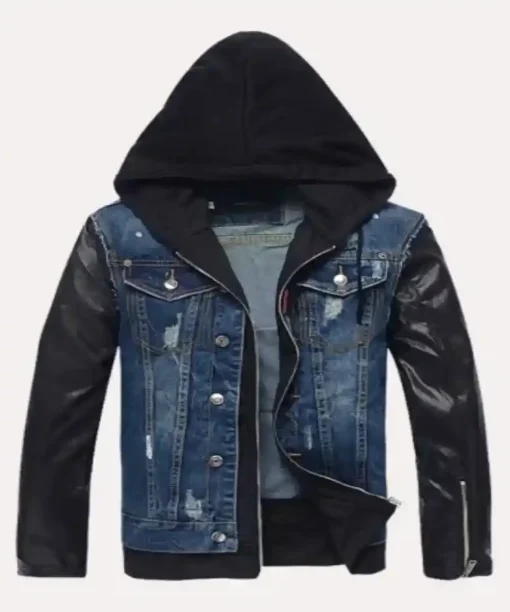 Mens Denim Leather Hooded Jacket