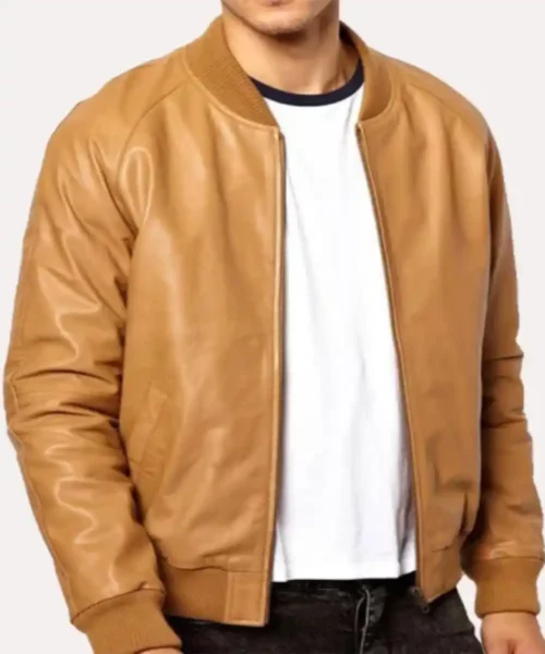 Men Tan Brown Bomber Jacket