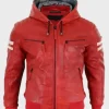 Men Red Hooded Leather Jacket