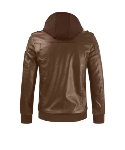 Men Brown Hooded Leather Jacket