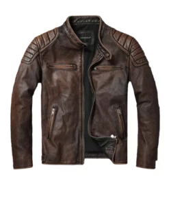 Men Cowhide Brown Leather Jacket