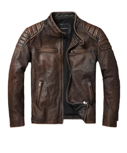 Men Cowhide Brown Leather Jacket