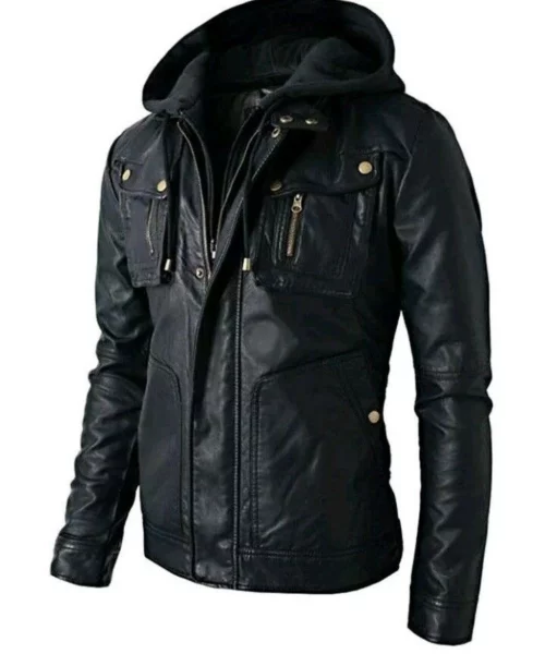 Mens Hooded Biker Leather Jacket