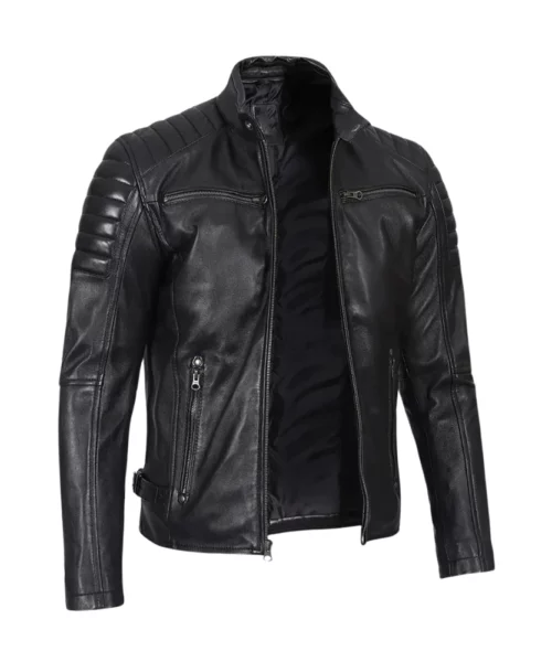 Men' Black Cafe Racer Leather Jacket