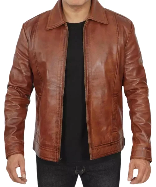 Men Shirt Collar Cognac Leather Jacket's