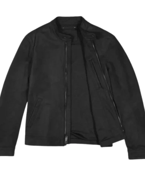 Men' Snap Tab Black Leather Jacket