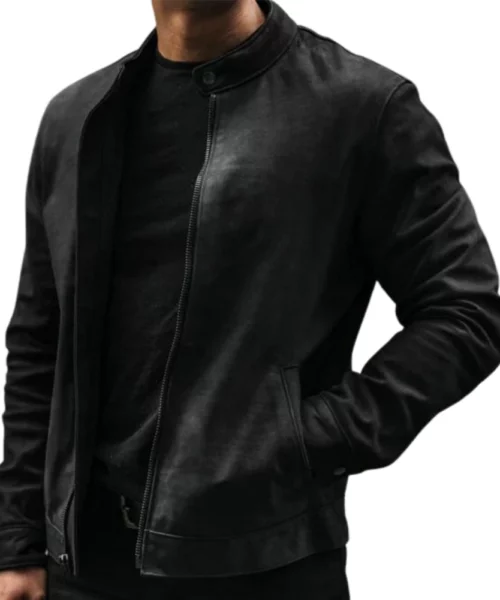 Men Snap Tab Black Leather Jacket1