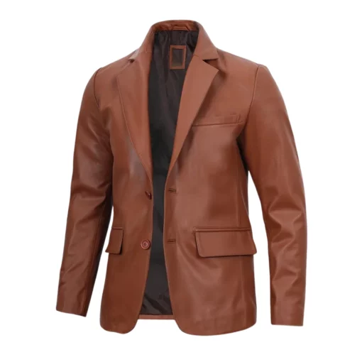 Mens Cognac Brown Leather Blazer'