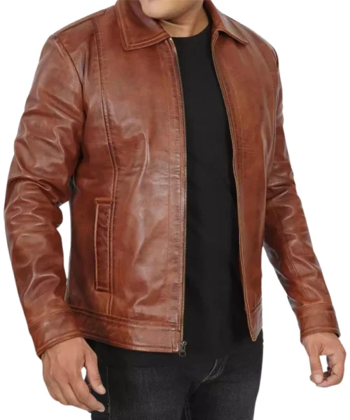 Mens Shirt Collar Cognac Leather Jacket