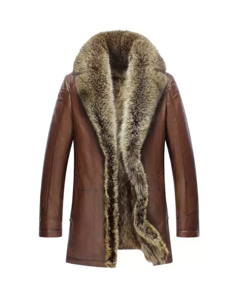 Brown Winter Fur Lined Genuine Leather Coat For Winter