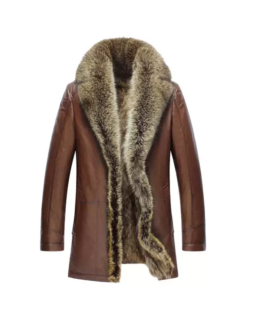 Brown Winter Fur Lined Genuine Leather Coat For Winter
