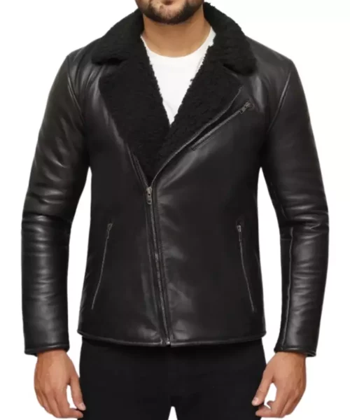 Black Fur Leather Shearling Lapel Collar Jacket
