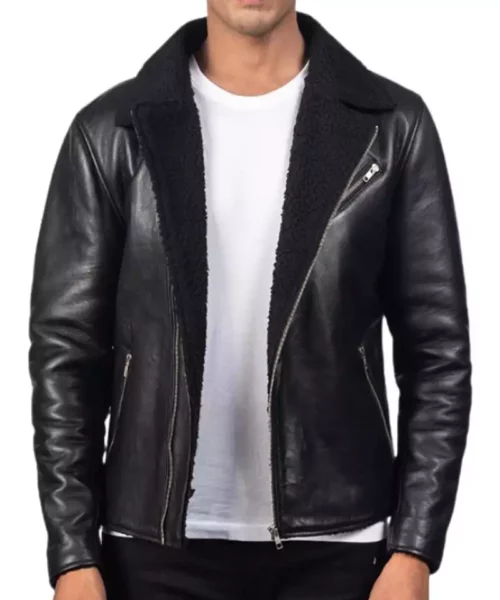 Black Fur Leather Shearling Lapel Collar Jacket
