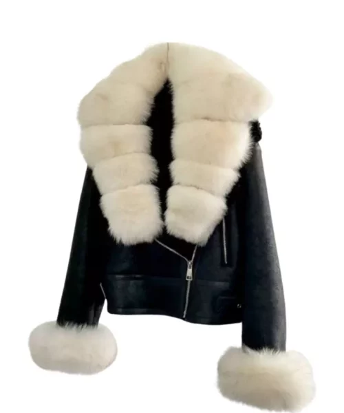 Black Leather Jacket With White Fluffy Fox Fur Collar & Cuffs