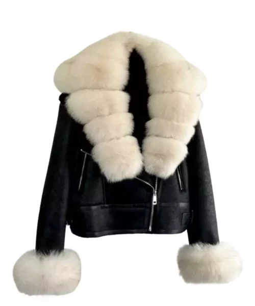 Black Leather Jacket With White Fluffy Fox Fur Collar & Cuffs