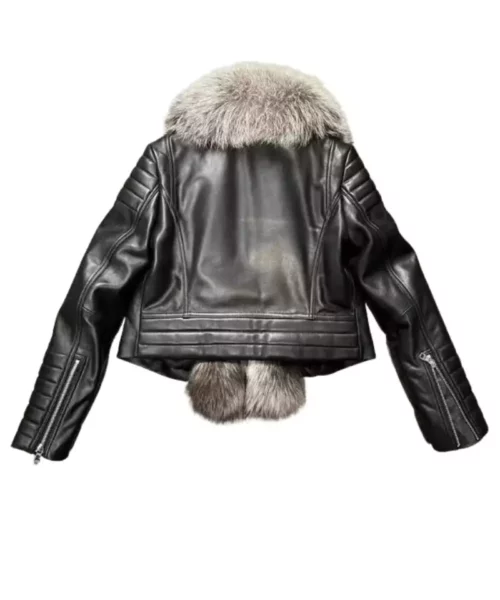 Black Leather Sheepskin Jacket With Long Real Fox Fur Collar
