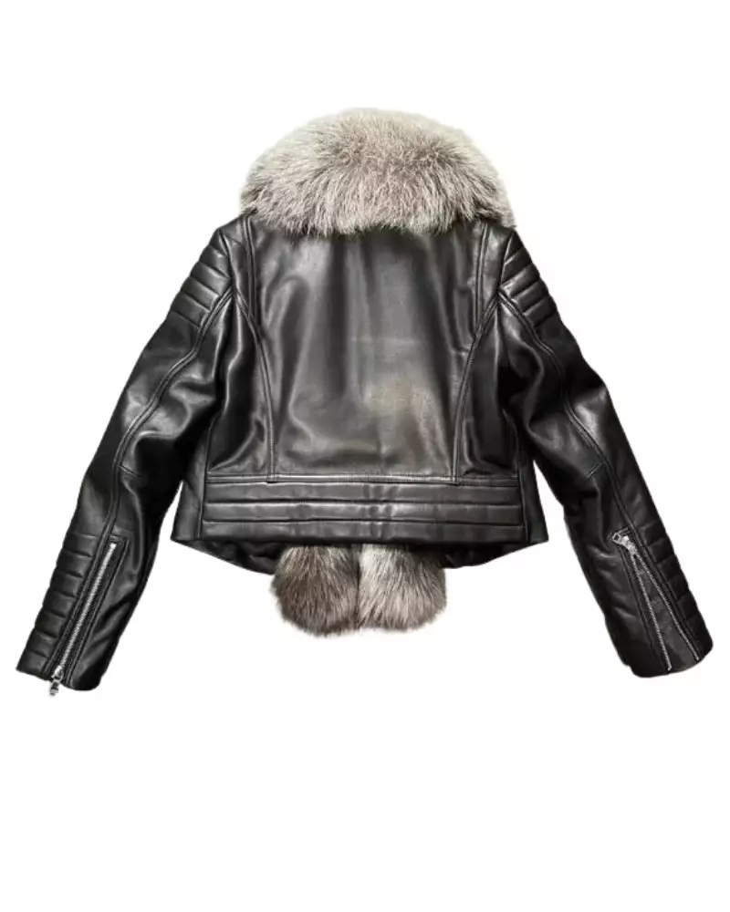 Black Leather Sheepskin Jacket With Long Real Fox Fur Collar