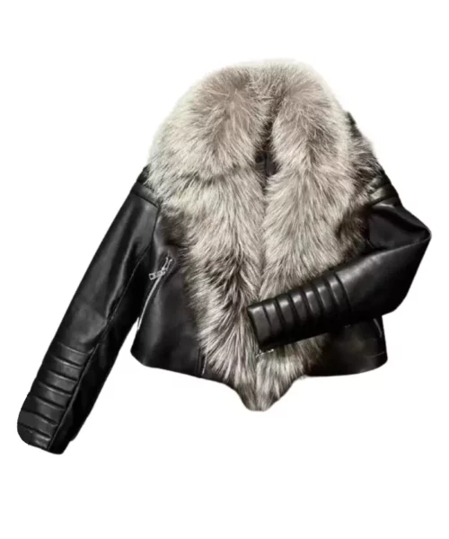 Black Leather Sheepskin Jacket With Long Real Fox Fur Collar