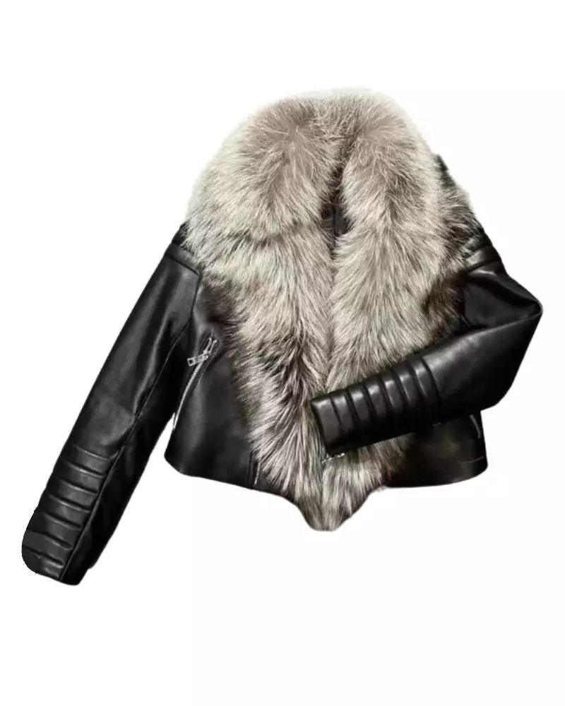 Black Leather Sheepskin Jacket With Long Real Fox Fur Collar