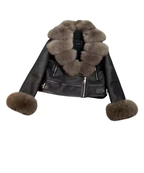 Black Leather Warm Jacket With Fluffy Fox Fur Collar & Cuffs