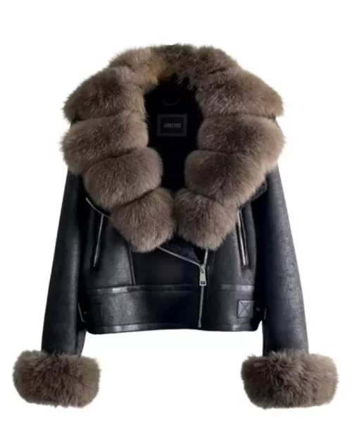 Black Leather Warm Jacket With Fluffy Fox Fur Collar & Cuffs