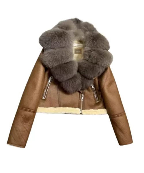 Brown Leather Jacket With Dark Fluffy Fox Fur Collar & Cuffs