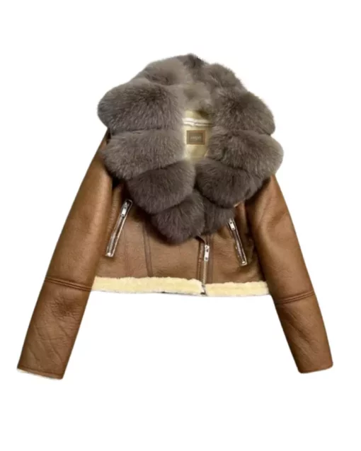 Brown Leather Jacket With Dark Fluffy Fox Fur Collar & Cuffs