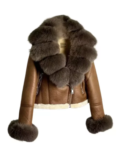 Brown Leather Jacket With Dark Fluffy Fox Fur Collar & Cuffs