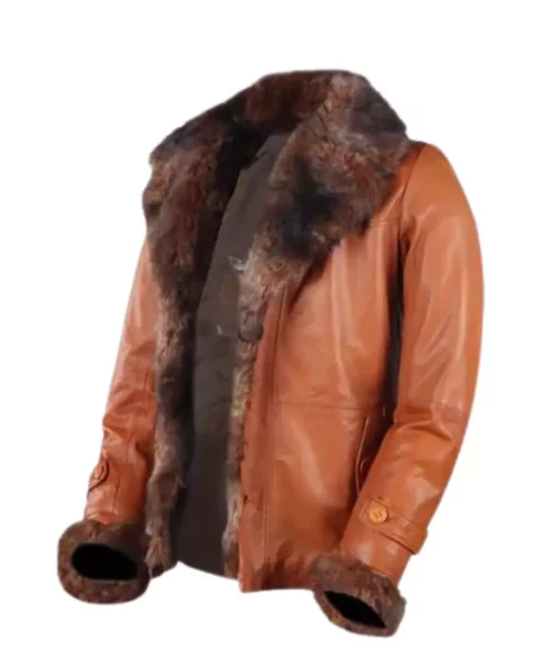 Camel Brown Fur Hair Collar & Sleeves Leather Jacket For Men