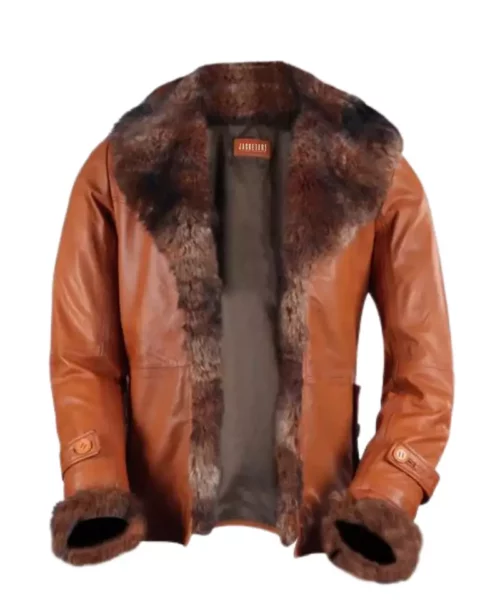 Camel Brown Fur Hair Collar & Sleeves Leather Jacket For Men