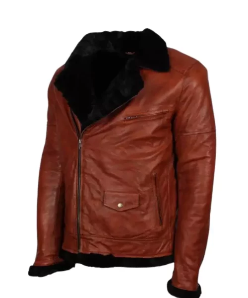 Cross Zipped Brown Leather Fur Lining Jacket